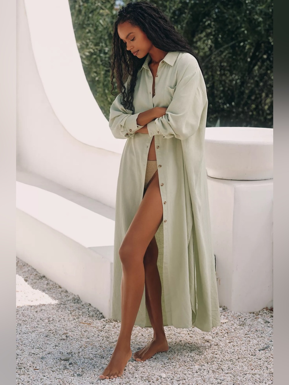 Anthropologie Celandine Oversized Linen Button-Front Maxi Dress